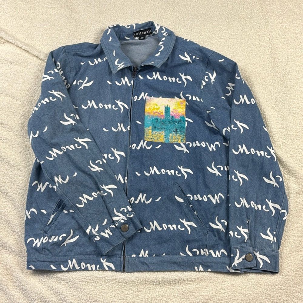 Knitswell large denim jacket with stainless steel buttons featuring Monet print
